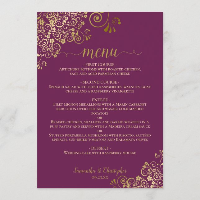 Elegant Gold Curls & Swirls Magenta Plum Wedding Menu (Front)