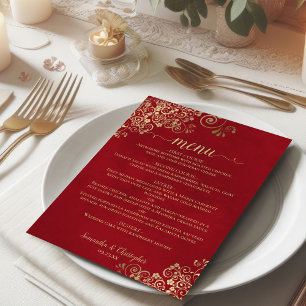 Elegant Gold Curls & Swirls on Crimson Red Wedding Menu