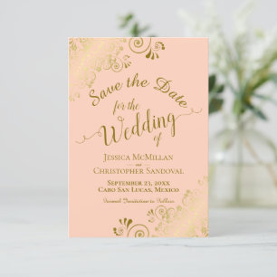 Elegant Gold Curls & Swirls on Peach Wedding Save The Date