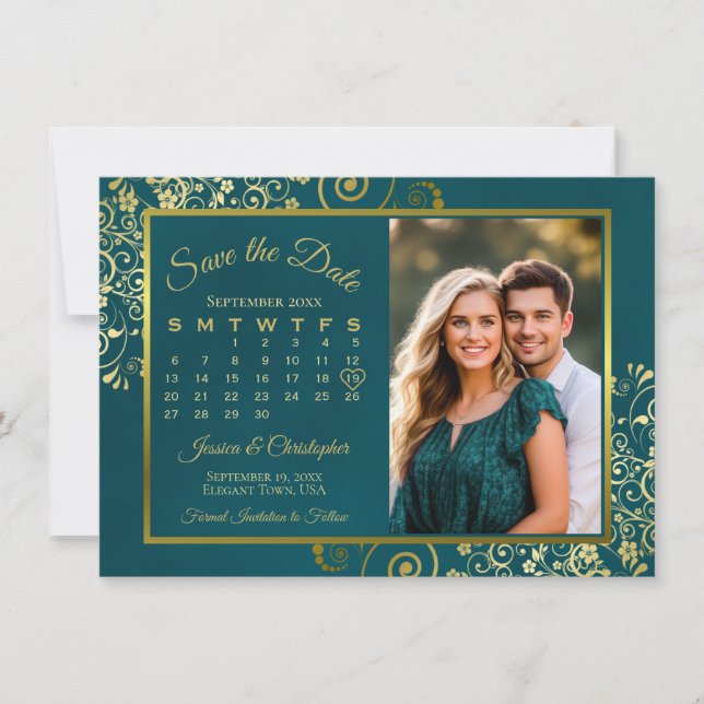 Elegant Gold Curls Teal Calendar & Photo Wedding Save The Date (Front)