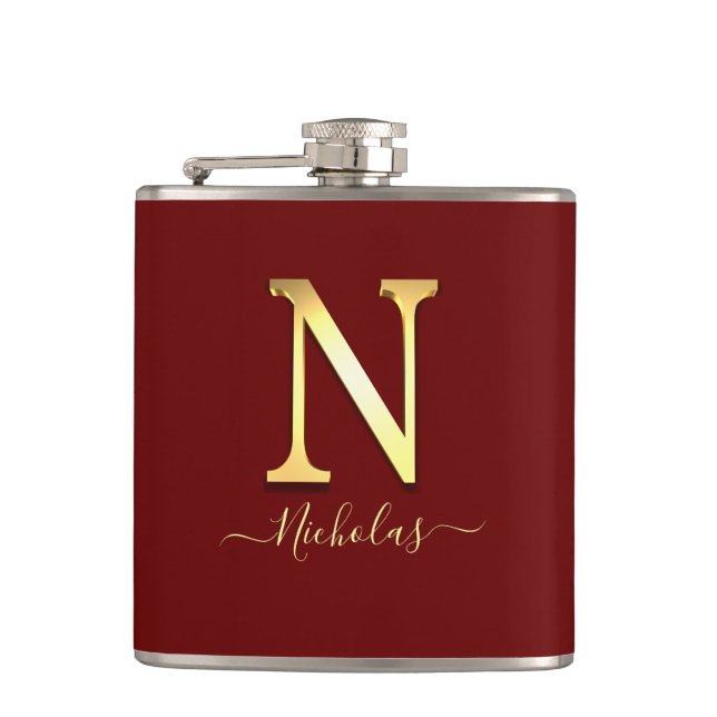 Elegant Gold Custom Monogram N Name Flask (Front)