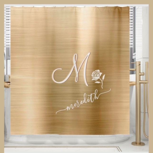Elegant Gold Custom Monogram Name Flower  Shower Curtain (Creator Uploaded)