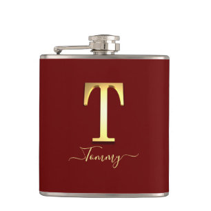 Elegant Gold Custom Monogram T Name Flask