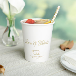 Elegant gold custom script name hearts wedding paper cups