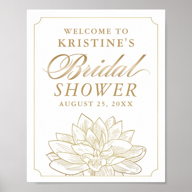 Elegant Gold Dahlia Floral Bridal Shower Welcome Poster (Front)