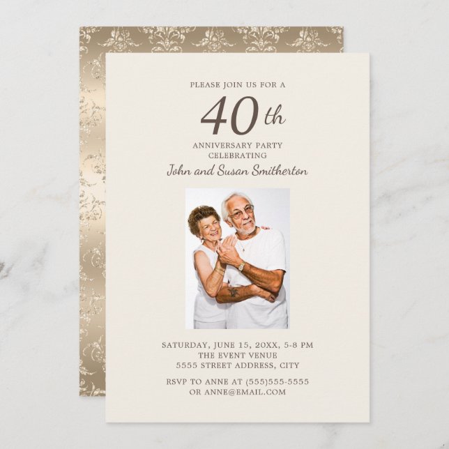 Elegant Gold Damask 40th Wedding Anniversary Photo Invitation (Front/Back)