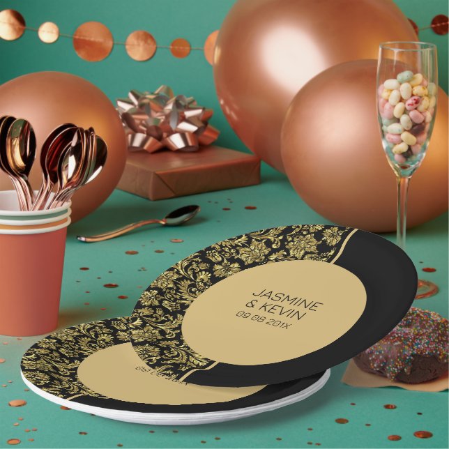 Elegant Gold Damask & Black Split Screen Paper Plate (Multi)