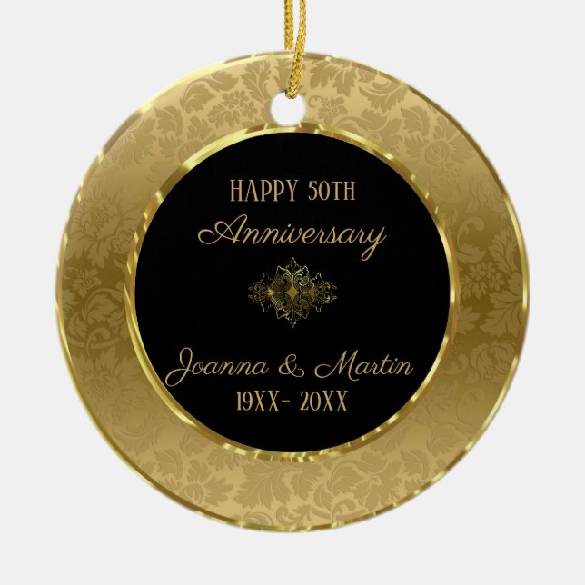 Elegant Gold Damask Ceramic Ornament (Front)