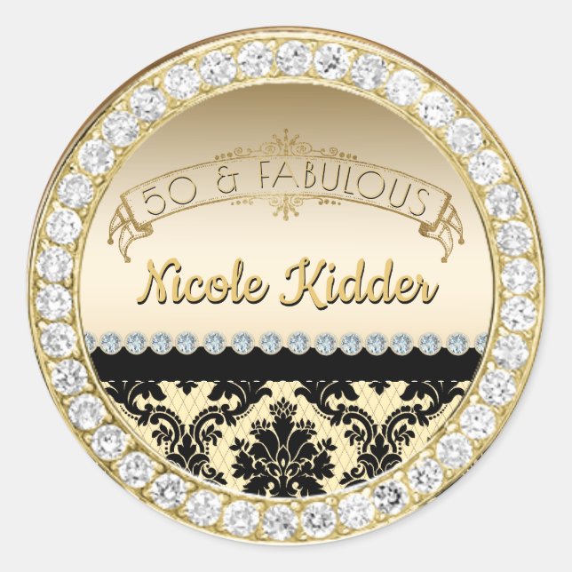 Elegant Gold Damask Diamonds 50 and Fabulous Classic Round Sticker (Front)