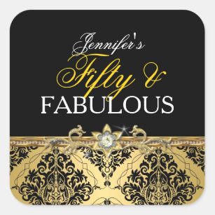 Elegant Gold Damask Fifty and Fabulous 2 Square Sticker