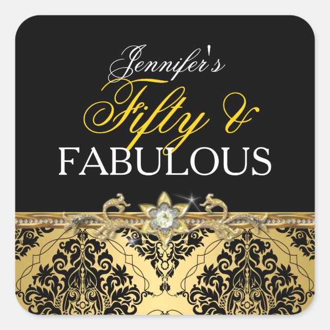 Elegant Gold Damask Fifty and Fabulous 2 Square Sticker (Front)