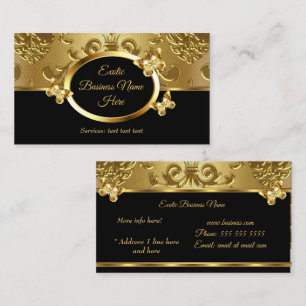 Elegant Gold Damask Floral Butterflies On Black 2 Business Card