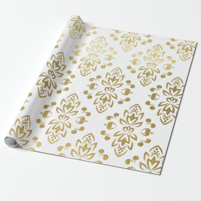 Elegant Gold Damask Floral Pattern Wedding Wrappin Wrapping Paper (Unrolled)