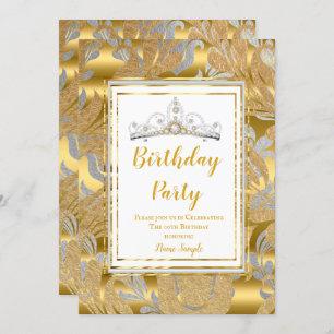 Elegant Gold Damask Grey Tiara Birthday Party Invitation