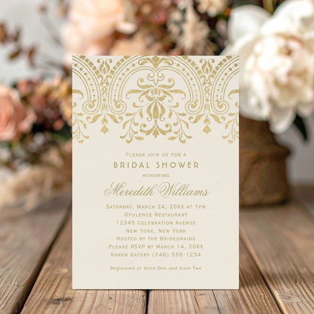 Elegant Gold Damask Ivory Wedding Shower Invitation (Creator Uploaded)