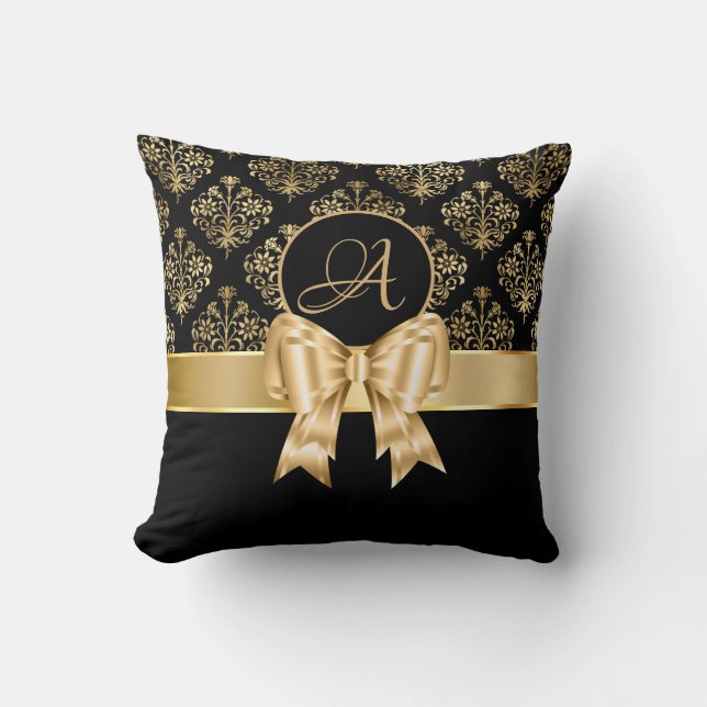 Elegant Gold Damask Monogram On Black  Cushion (Front)