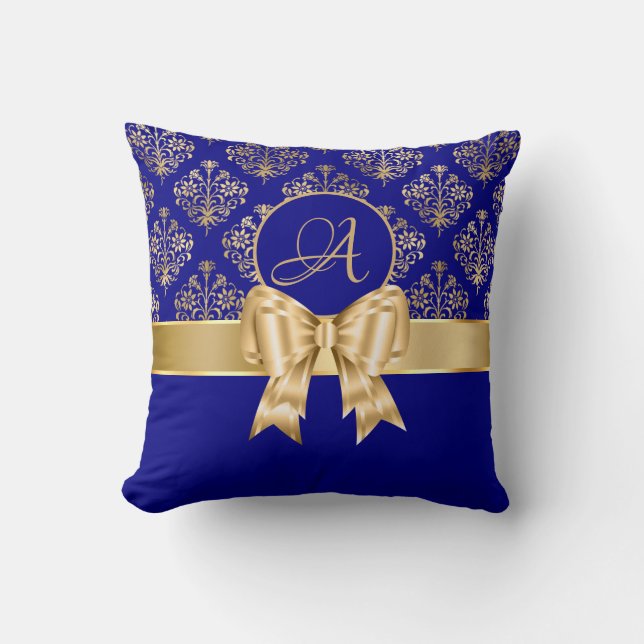 Elegant Gold Damask Monogram On Navy Blue Cushion (Front)