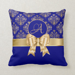 Elegant Gold Damask Monogram On Navy Blue Cushion