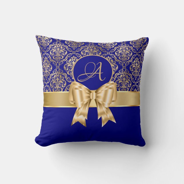 Elegant Gold Damask Monogram On Navy Blue Cushion (Front)