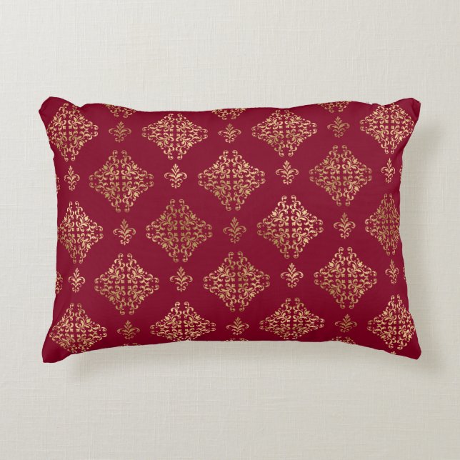 Elegant Gold Damask On Burgundy Decorative Cushion (Front)