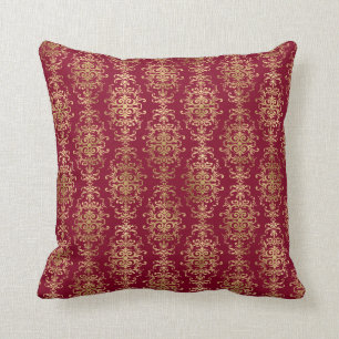 Elegant Gold Damask On Burgundy Throw Pillow