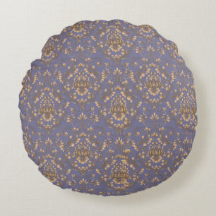 Elegant Gold Damask on Periwinkle Blue Round Cushion
