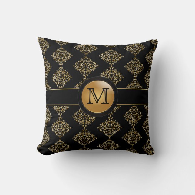 Elegant Gold Damask Pattern | Monogram Cushion (Front)