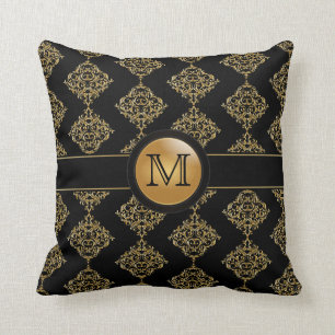 Elegant Gold Damask Pattern Monogram Cushion
