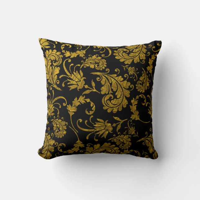 Elegant Gold Damask Pattern On Black Cushion (Front)