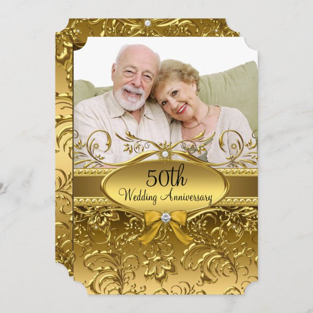 Elegant Gold Damask Photo 50th Anniversary Invitation (Front/Back)