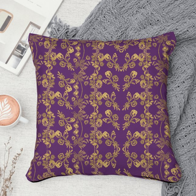 Elegant Gold Damask swirl Floral on purple Cushion (Creator Uploaded)