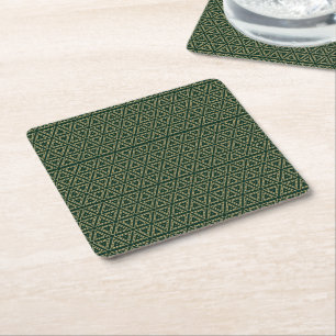 Elegant gold dark pine green geometric pattern square paper coaster