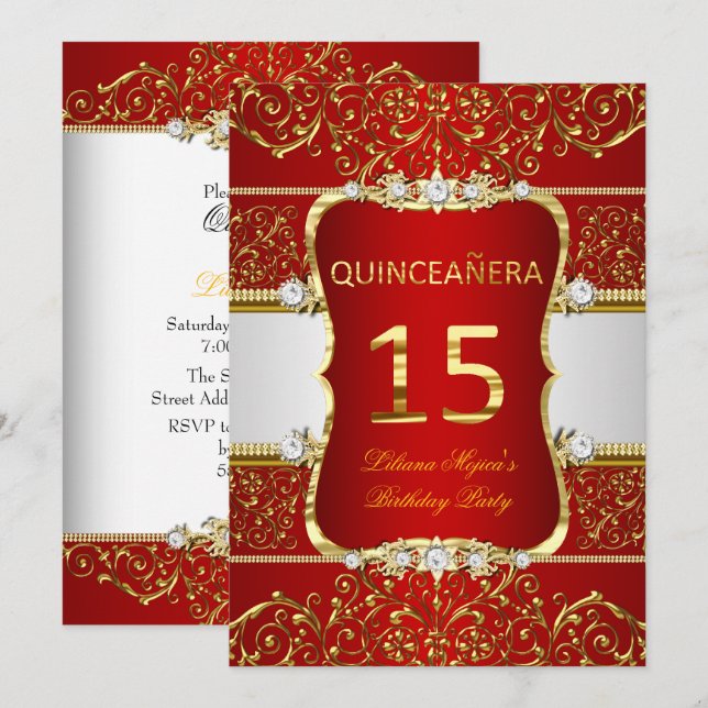 Elegant Gold Dark Red Glamour Quinceanera Invitation (Front/Back)