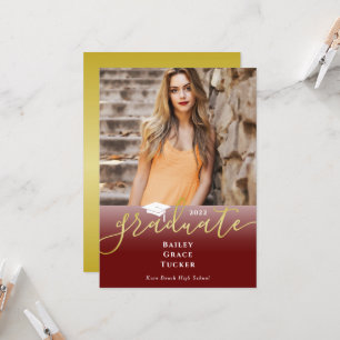 Elegant Gold Dark Red Photo Graduation Invitation