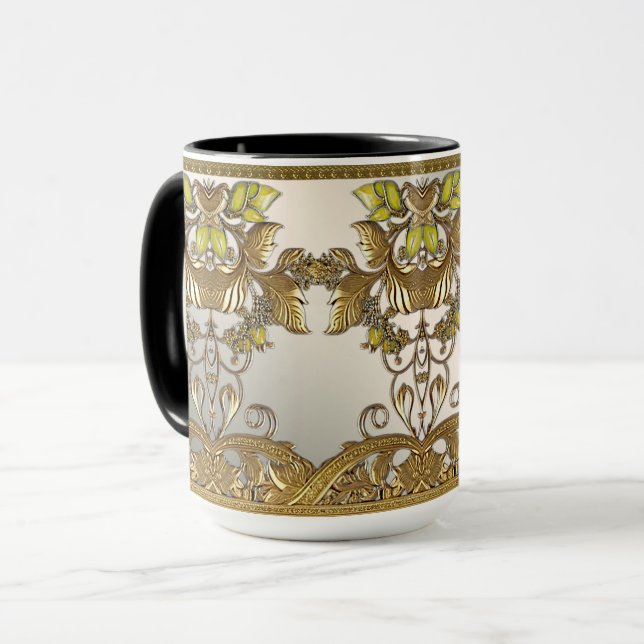 Elegant Gold Decorative Floral Mug (Front Left)