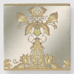 Elegant Gold Decorative Floral Stone Coaster