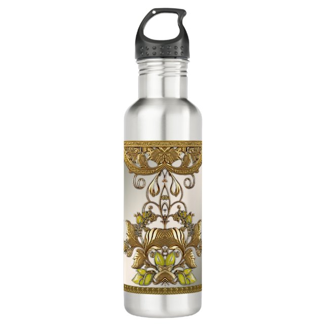 Elegant Gold Decorative Floral Water Bottle (Front)