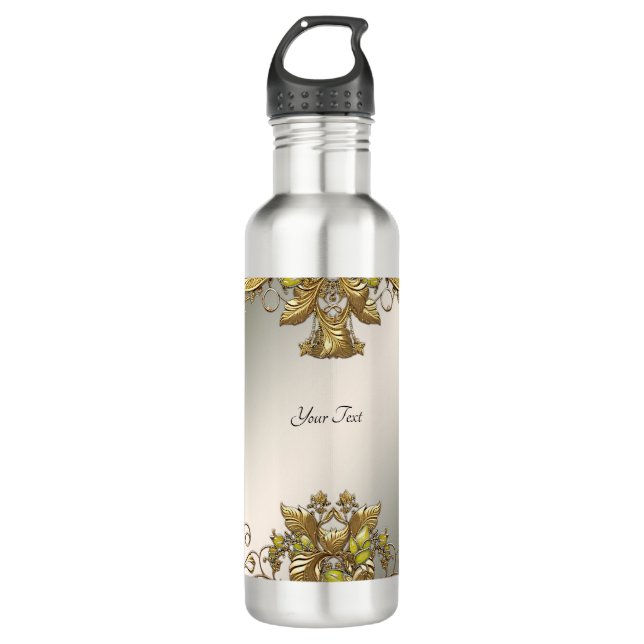 Elegant Gold Decorative Floral Water Bottle (Front)