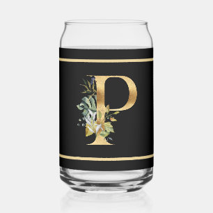 Elegant Gold Decorative Initial P with Greenery Can Glass