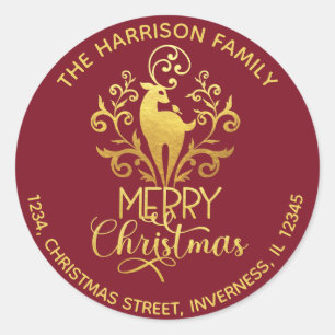 Elegant Gold Deer Merry Christmas Address Red Classic Round Sticker