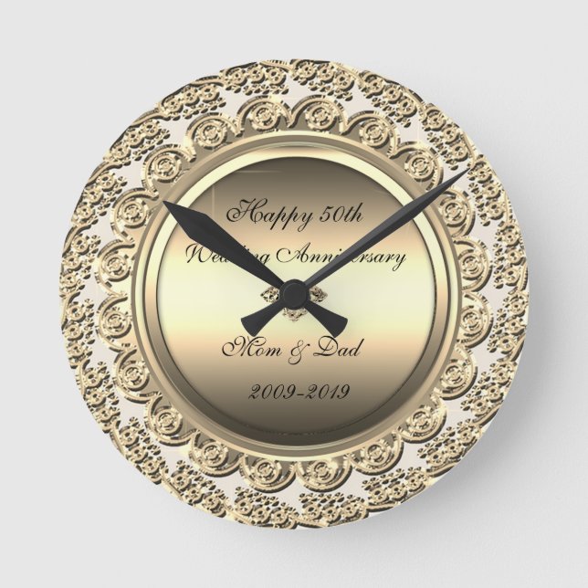 Elegant Gold  Diamond 50th Wedding Anniversary Round Clock (Front)