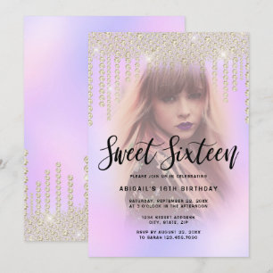 Elegant gold diamond drips purple sweet sixteen invitation