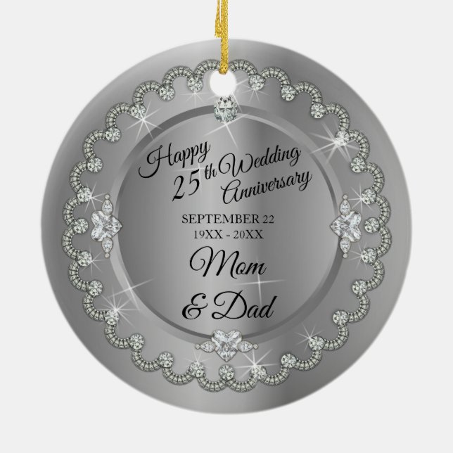 Elegant Gold Diamonds 25th Wedding Anniversary Ceramic Ornament (Back)
