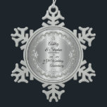Elegant Gold Diamonds 25th Wedding Anniversary Snowflake Pewter Christmas Ornament<br><div class="desc">Opulent elegance frames this 25th wedding anniversary design in a unique scalloped diamond design with centre teardrop diamond with faux heart-shaped diamonds and added faux sparkles on a silver-tone gradient. Please note that all embellishments are printed and are only made to appear as real as possible in a flat, printed...</div>