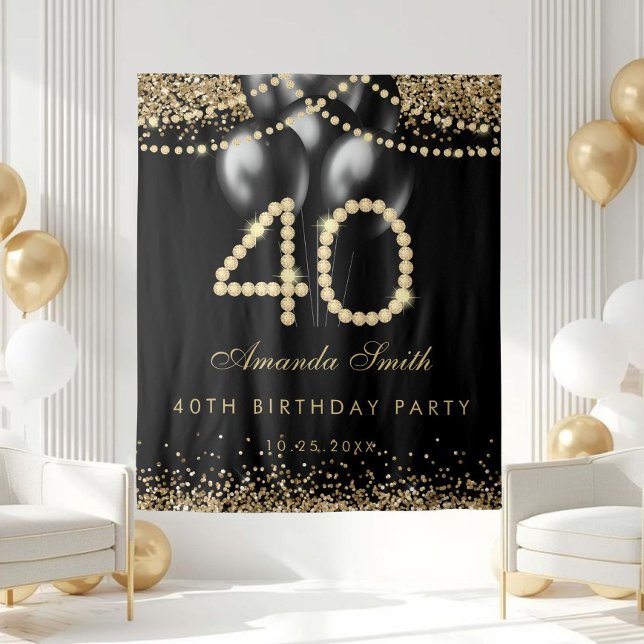 Elegant Gold Diamonds 40th Birthday Party Backdrop Tapestry (Gold Diamonds 40th Birthday Party Backdrop)