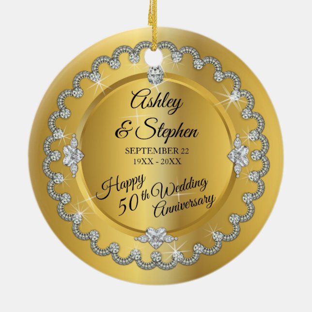 Elegant Gold Diamonds 50th Wedding Anniversary Ceramic Ornament (Back)