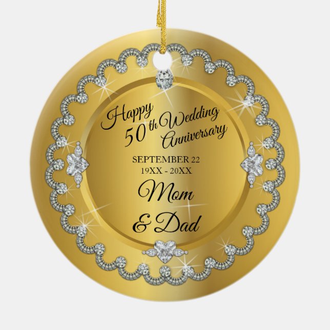 Elegant Gold Diamonds 50th Wedding Anniversary Ceramic Ornament (Back)