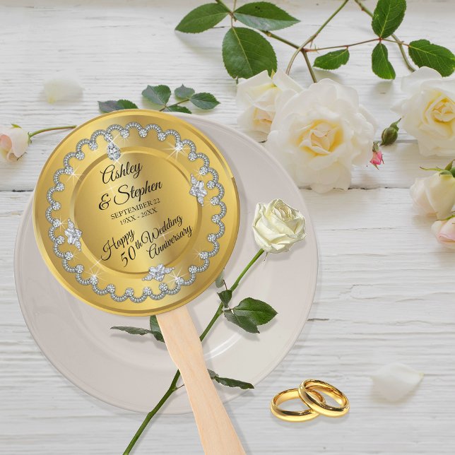 Elegant Gold Diamonds 50th Wedding Anniversary Hand Fan (Elegant Faux Gold Diamonds 50th Wedding Anniversary Hand Fan)