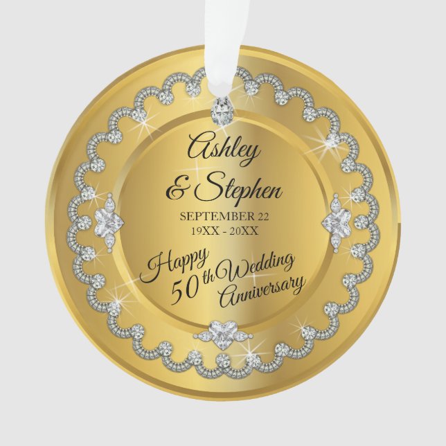 Elegant Gold Diamonds 50th Wedding Anniversary Ornament (Front)