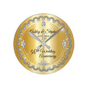 Elegant Gold Diamonds 50th Wedding Anniversary Round Clock